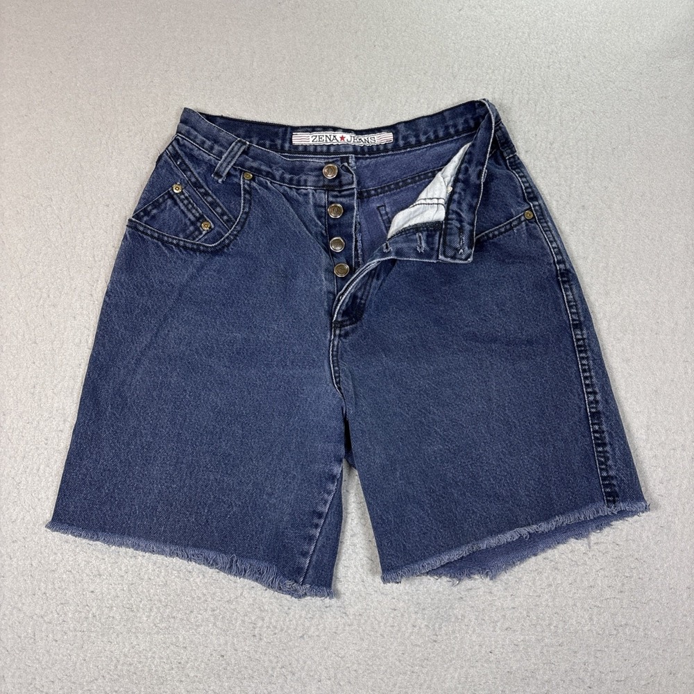 VTG Zena Jeans Women's Blue Cut Off Denim Shorts Frayed Hem Size 14 Button up